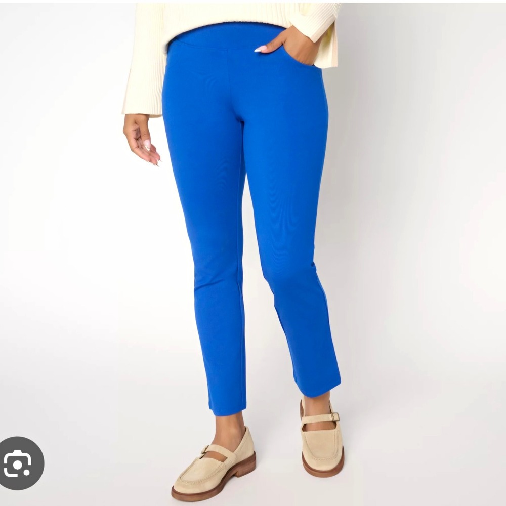 Women with Control Blue Ponte Pull-On Ankle Pants Slim Skinny Pockets M